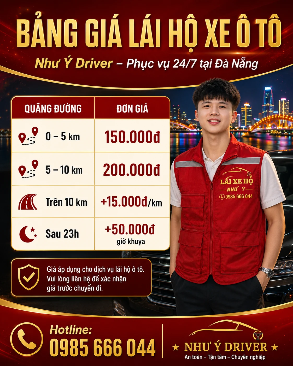 Bảng giá lái hộ ô tô Như Ý Driver theo quãng đường và giờ khuya