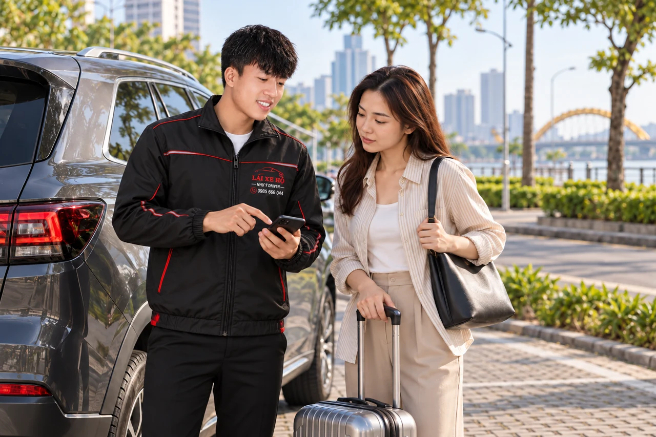 Ảnh minh họa Anh_Anh_Y mặc áo khoác đen trao đổi điểm đón bên ô tô