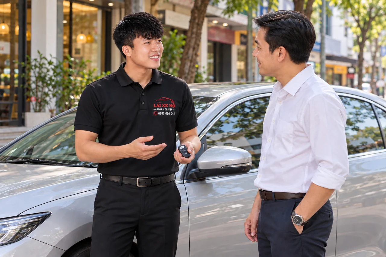 Ảnh minh họa Anh_Anh_Y mặc polo đen trao đổi với khách bên xe
